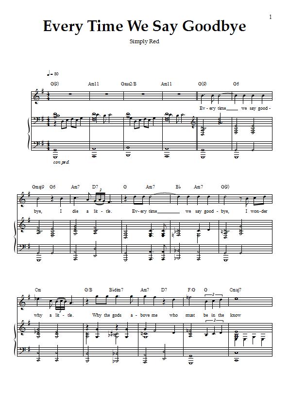 Simply Red - Every Time We Say Goodbye Piano / Vocal Sheet Music: Sample Image for Australia