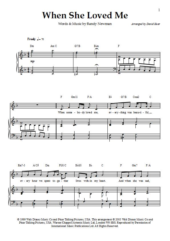 Sarah McLachlan - When She Loved Me Piano / Vocal Sheet Music : Sample Image for America